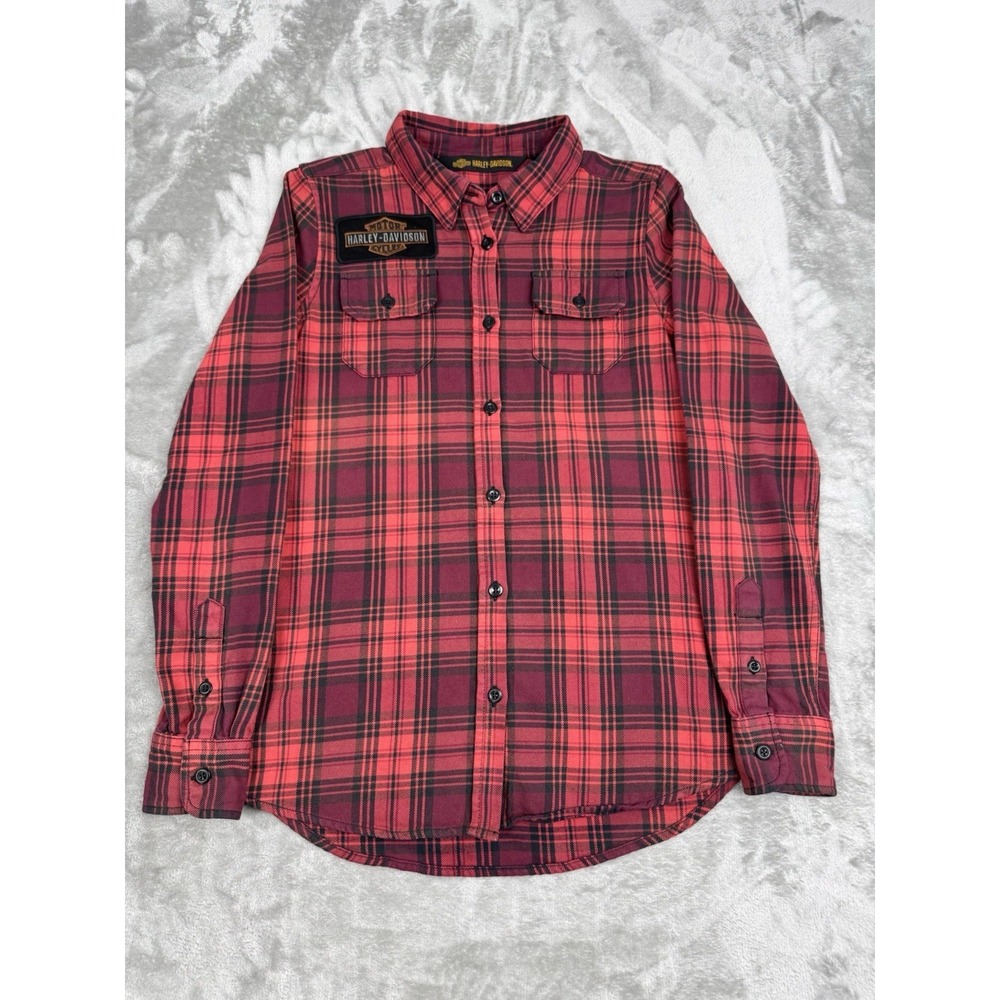Harley Davidson Flannel Shirt Womens Small Red Flannel Biker Embroidered Moto